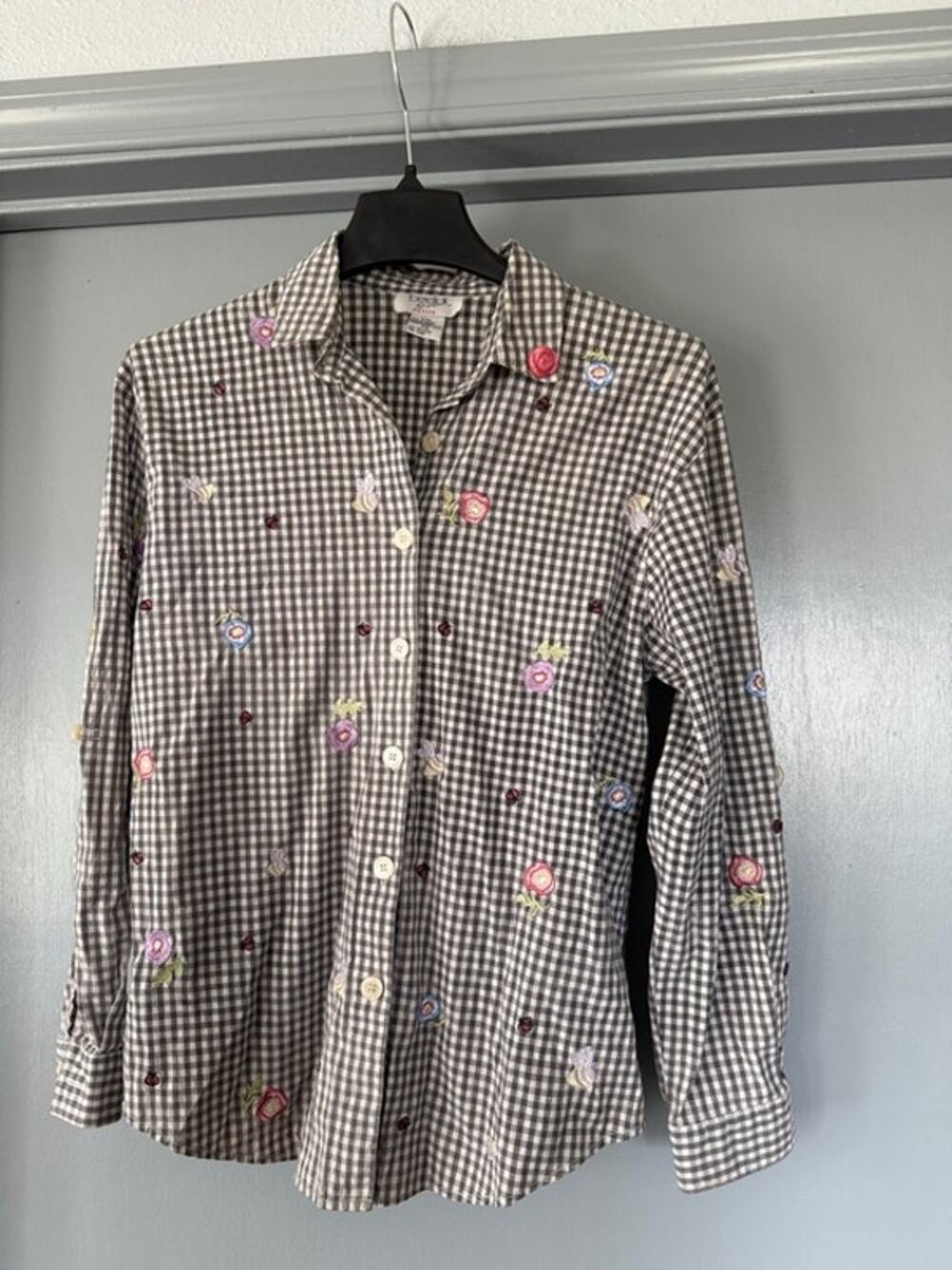 Vtg Teddi Petite Women's Button Front Checked Top Embroidered Flowers Bugs sz PS